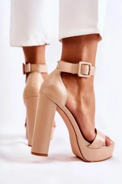 Damskie Boto Skórzane Sandałki Na Słupku Beżowe Medanos