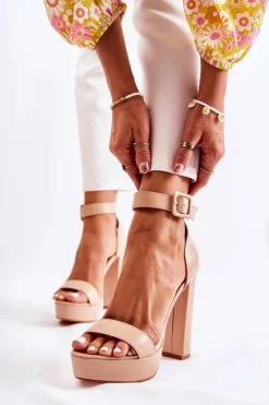 Damskie Boto Skórzane Sandałki Na Słupku Beżowe Medanos