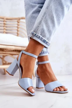 New Boto Skórzane Sandałki Na Słupku Niebieskie Estrella