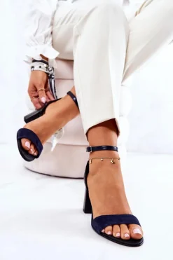 Damskie Boto Skórzane Sandałki Na Słupku Czarno-Granatowe Lorene