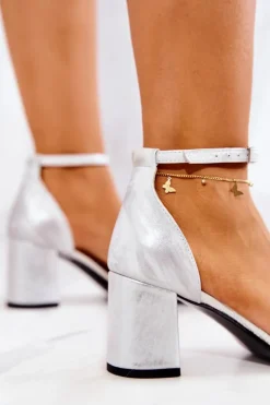 Boto Sandały Na Obcasie*Skórzane Sandałki Na Słupku Przecierane Srebrne Lorene