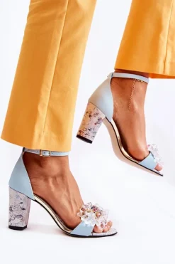 Damskie Boto Skórzane Sandałki Na Słupku Z Kryształkami Niebieskie Velinda