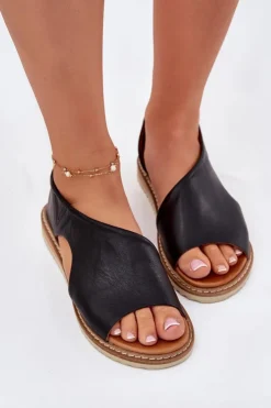 Artiker Sandały Płaskie*Skórzane Sandały Damskie 46C1016 Czarne Czarny