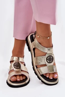 Artiker Sandały Płaskie*Skórzane Sandały Damskie Lakierowane Z Ozdobnym Detalem 56C0689 Złote Złoty