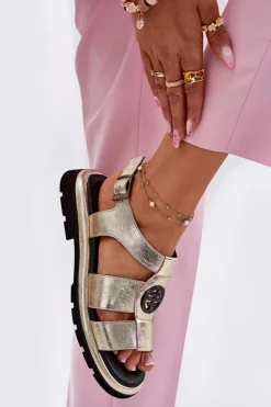 Artiker Sandały Płaskie*Skórzane Sandały Damskie Lakierowane Z Ozdobnym Detalem 56C0689 Złote Złoty