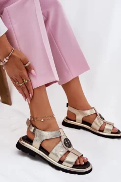 Artiker Sandały Płaskie*Skórzane Sandały Damskie Lakierowane Z Ozdobnym Detalem 56C0689 Złote Złoty