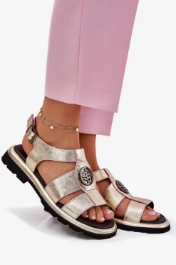 Artiker Sandały Płaskie*Skórzane Sandały Damskie Lakierowane Z Ozdobnym Detalem 56C0689 Złote Złoty