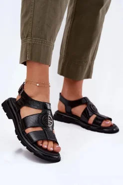 Damskie Artiker Skórzane Sandały Damskie Lakierowane Z Ozdobnym Detalem 56C0691 Czarne