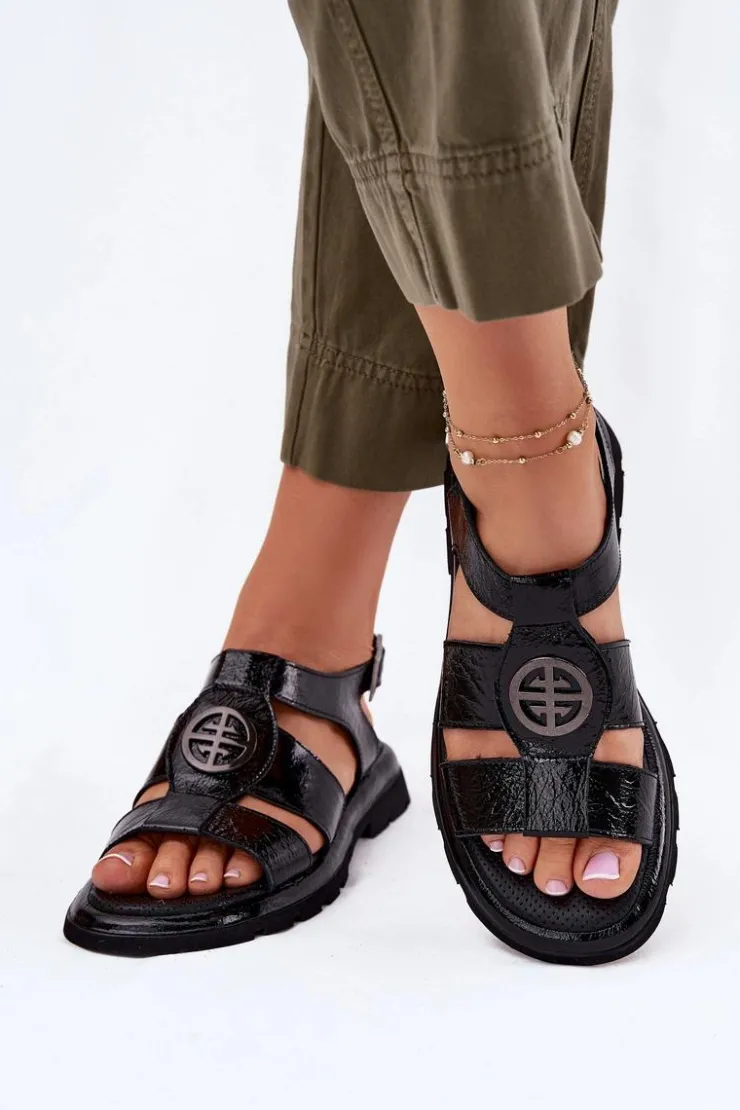 Damskie Artiker Skórzane Sandały Damskie Lakierowane Z Ozdobnym Detalem 56C0691 Czarne