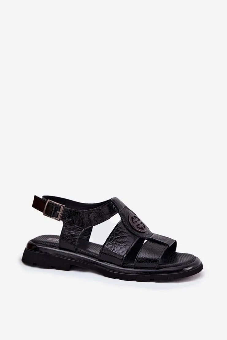 Damskie Artiker Skórzane Sandały Damskie Lakierowane Z Ozdobnym Detalem 56C0691 Czarne