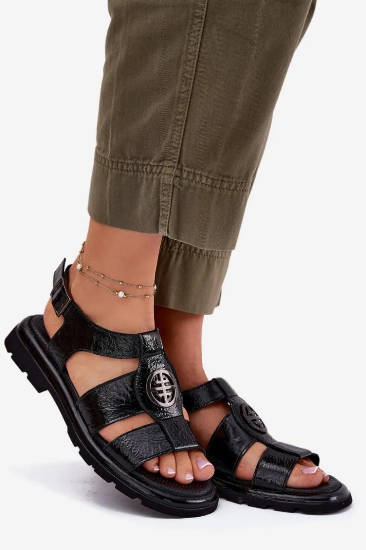 Damskie Artiker Skórzane Sandały Damskie Lakierowane Z Ozdobnym Detalem 56C0691 Czarne