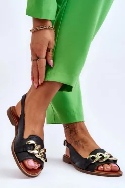 Boto Sandały Płaskie*Skórzane Sandały Damskie Lewski Shoes 3230 Groch Czarny