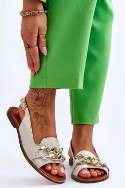 Damskie Boto Skórzane Sandały Damskie Lewski Shoes 3230 Beżowo-Złote