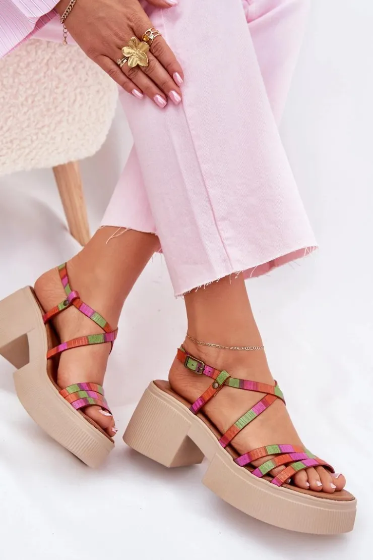 Maciejka Sandały Na Obcasie*Skórzane Sandały Damskie 06990-39 Multikolor Wielokolorowy