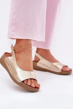 Damskie Maciejka Skórzane Sandały Damskie Na Koturnie L7069 -25 Złote