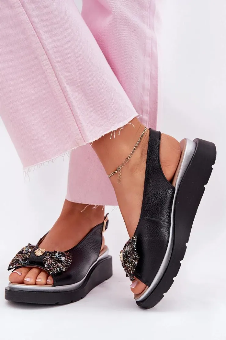 Discount Zazoo Skórzane Sandały Damskie Na Koturnie Z Kokardą 1882 Czarne Czarny