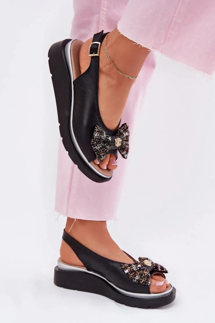 Discount Zazoo Skórzane Sandały Damskie Na Koturnie Z Kokardą 1882 Czarne Czarny