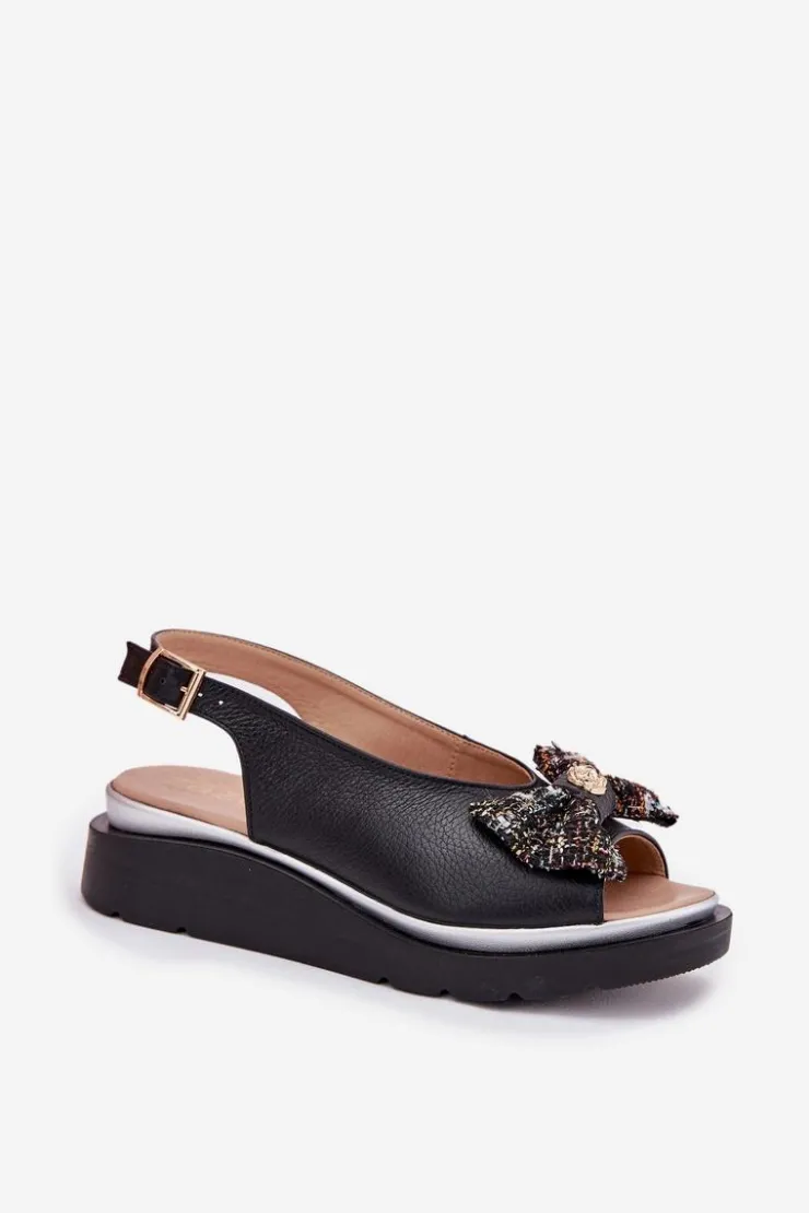 Discount Zazoo Skórzane Sandały Damskie Na Koturnie Z Kokardą 1882 Czarne Czarny