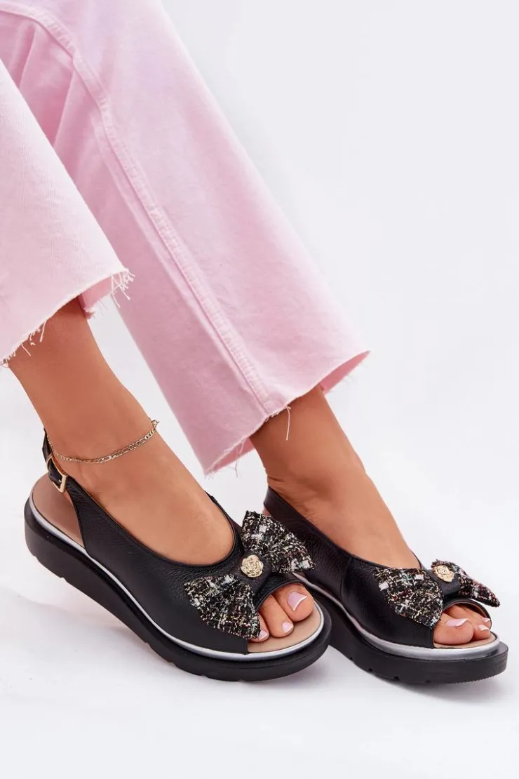 Discount Zazoo Skórzane Sandały Damskie Na Koturnie Z Kokardą 1882 Czarne Czarny