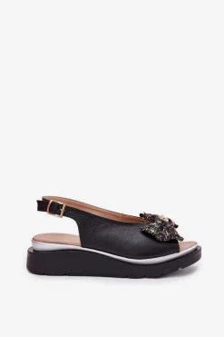 Discount Zazoo Skórzane Sandały Damskie Na Koturnie Z Kokardą 1882 Czarne Czarny