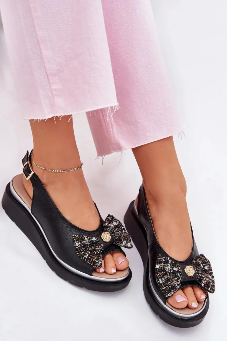 Discount Zazoo Skórzane Sandały Damskie Na Koturnie Z Kokardą 1882 Czarne Czarny