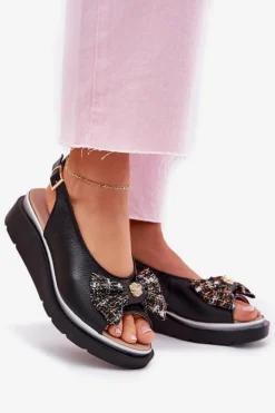 Discount Zazoo Skórzane Sandały Damskie Na Koturnie Z Kokardą 1882 Czarne Czarny