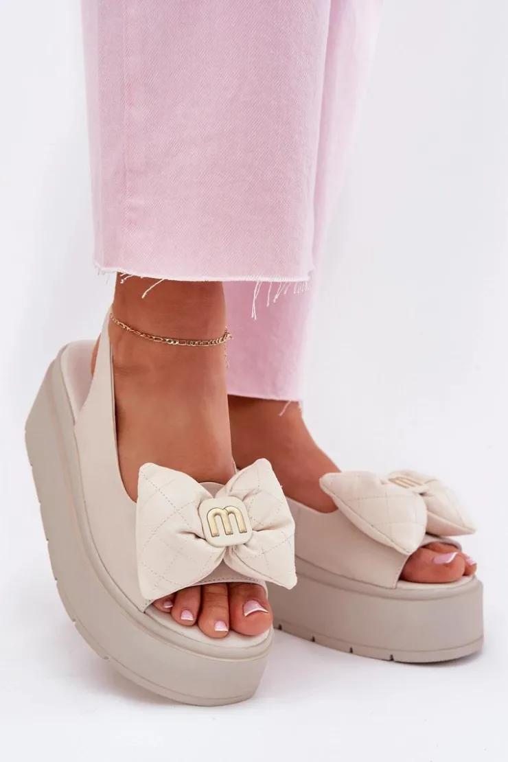 Damskie CheBello Skórzane Sandały Damskie Na Platformie Z Kokardą 4641 Beżowe