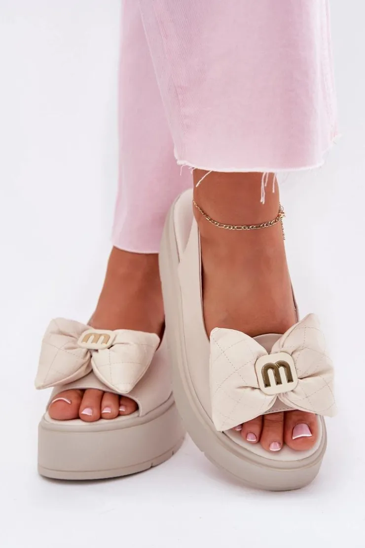 Damskie CheBello Skórzane Sandały Damskie Na Platformie Z Kokardą 4641 Beżowe