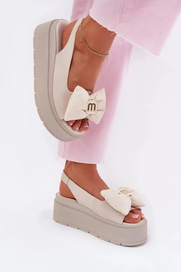 Damskie CheBello Skórzane Sandały Damskie Na Platformie Z Kokardą 4641 Beżowe