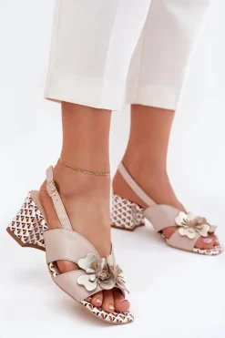 Laura Messi Sandały Na Słupku|Sandały Na Obcasie*Skórzane Sandały Damskie Na Słupku Z Kwiatami 2950 Beżowe Beżowy