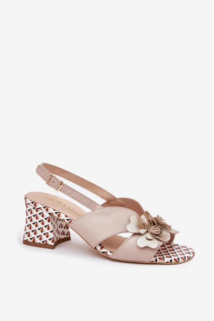 Laura Messi Sandały Na Słupku|Sandały Na Obcasie*Skórzane Sandały Damskie Na Słupku Z Kwiatami 2950 Beżowe Beżowy