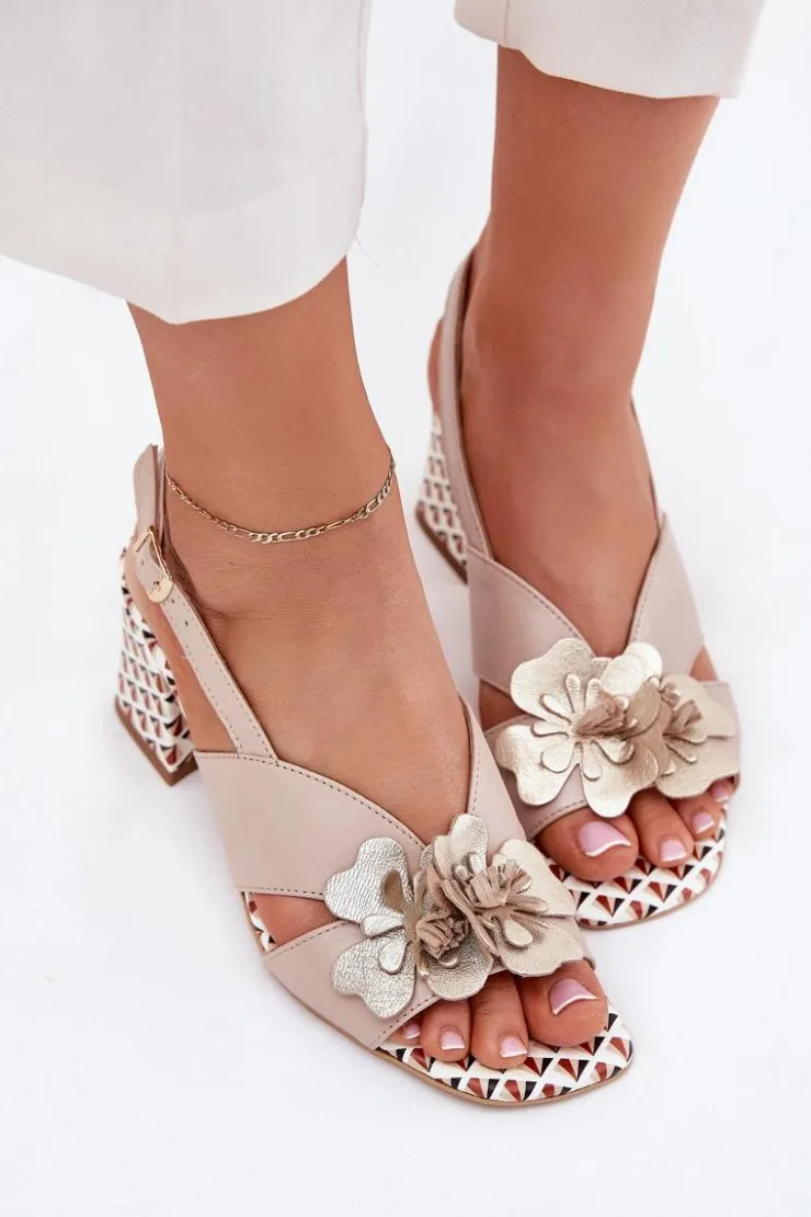 Laura Messi Sandały Na Słupku|Sandały Na Obcasie*Skórzane Sandały Damskie Na Słupku Z Kwiatami 2950 Beżowe Beżowy