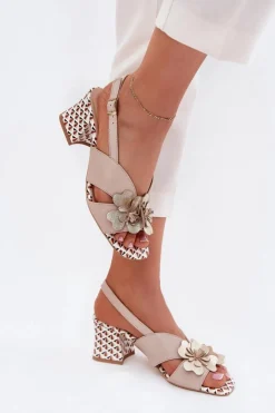 Laura Messi Sandały Na Słupku|Sandały Na Obcasie*Skórzane Sandały Damskie Na Słupku Z Kwiatami 2950 Beżowe Beżowy