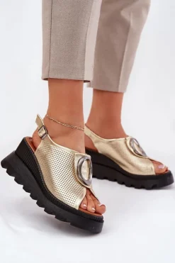 Boto Sandały Na Koturnie*Skórzane Sandały Damskie Na Koturnie Z Ozdobą Artiker 56C0109 Złote Złoty