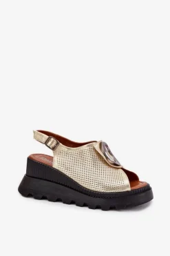 Boto Sandały Na Koturnie*Skórzane Sandały Damskie Na Koturnie Z Ozdobą Artiker 56C0109 Złote Złoty