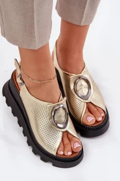 Boto Sandały Na Koturnie*Skórzane Sandały Damskie Na Koturnie Z Ozdobą Artiker 56C0109 Złote Złoty