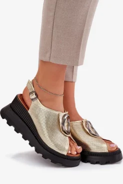 Boto Sandały Na Koturnie*Skórzane Sandały Damskie Na Koturnie Z Ozdobą Artiker 56C0109 Złote Złoty