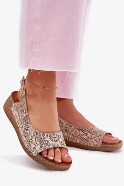 Discount Maciejka Skórzane Sandały Damskie Na Koturnie L7069-04 Beżowe Beżowy