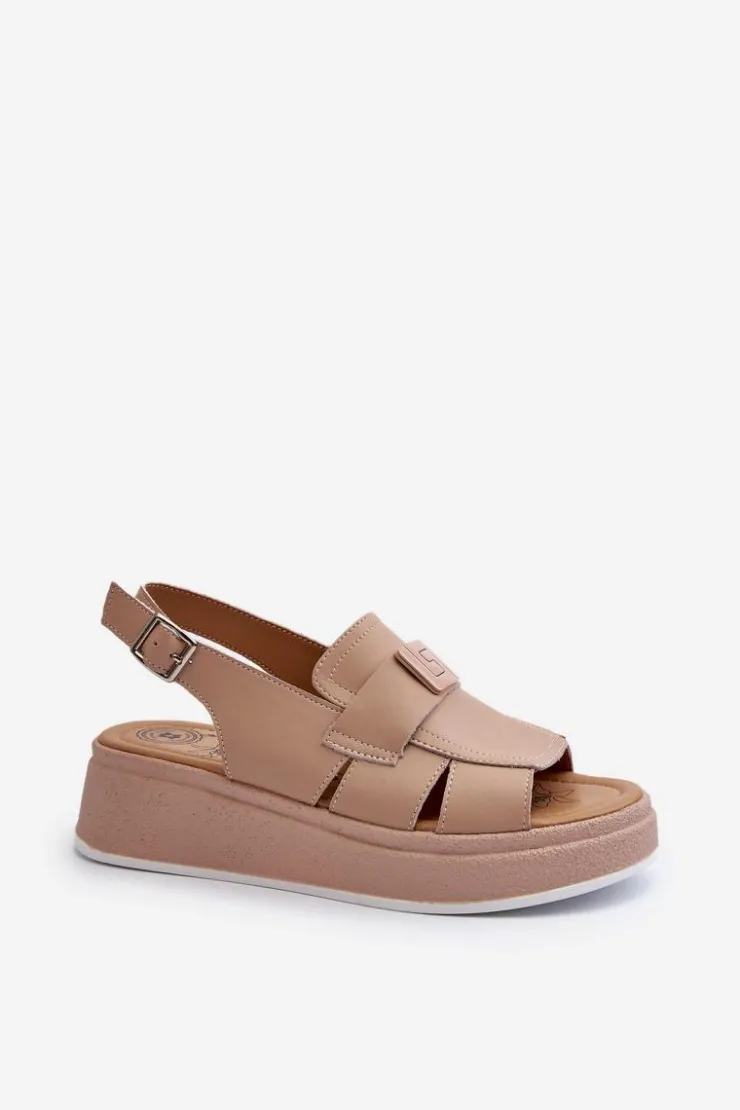 Outlet Evento Skórzane Sandały Damskie Na Platformie I Koturnie Ciemnobeżowe Vivitellia