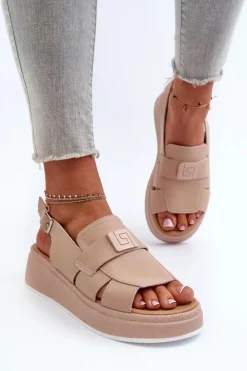 Outlet Evento Skórzane Sandały Damskie Na Platformie I Koturnie Ciemnobeżowe Vivitellia