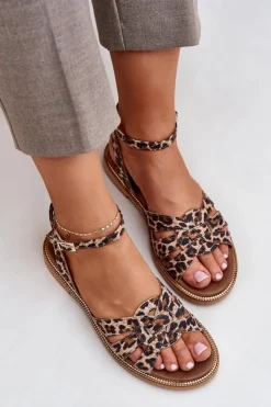 Boto Sandały Płaskie*Skórzane Sandały Damskie Na Płaskim Obcasie Panterka Zazoo 3688 Brązowe Brązowy
