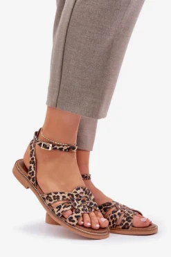 Boto Sandały Płaskie*Skórzane Sandały Damskie Na Płaskim Obcasie Panterka Zazoo 3688 Brązowe Brązowy