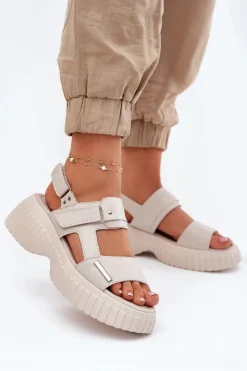 Damskie Evento Skórzane Sandały Damskie Na Platformie Beżowe Mertella