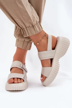 Damskie Evento Skórzane Sandały Damskie Na Platformie Beżowe Mertella