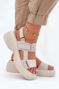 Damskie Evento Skórzane Sandały Damskie Na Platformie Beżowe Mertella