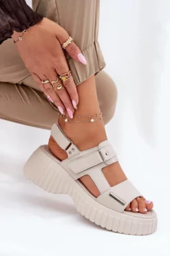 Damskie Evento Skórzane Sandały Damskie Na Platformie Beżowe Mertella