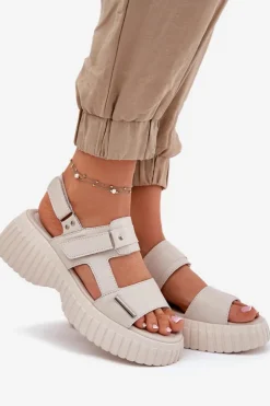 Damskie Evento Skórzane Sandały Damskie Na Platformie Beżowe Mertella