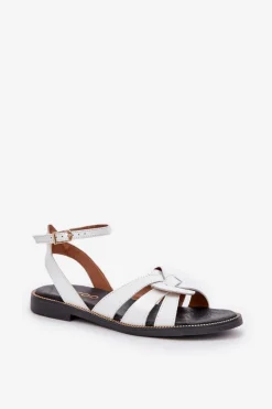 Discount Boto Skórzane Sandały Damskie Na Płaskim Obcasie Zazoo 3688 Białe Biały