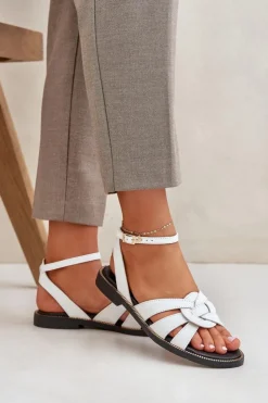 Discount Boto Skórzane Sandały Damskie Na Płaskim Obcasie Zazoo 3688 Białe Biały