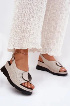 New Damskie buty S.Barski Skórzane Sandały Damskie Na Koturnie Z Ozdobą S.Barski LR51-788 Beżowe